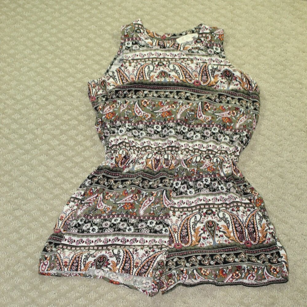 PINK ROSE Women's Small Army Green Paisley Pattern Sleeveless Shorts Romper